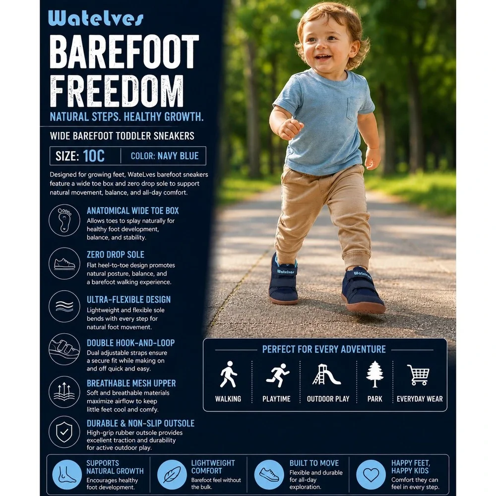 WateLves Wide Barefoot Toddler 10C Blue Zero Drop Minimalist Walking‎ Shoes Kids